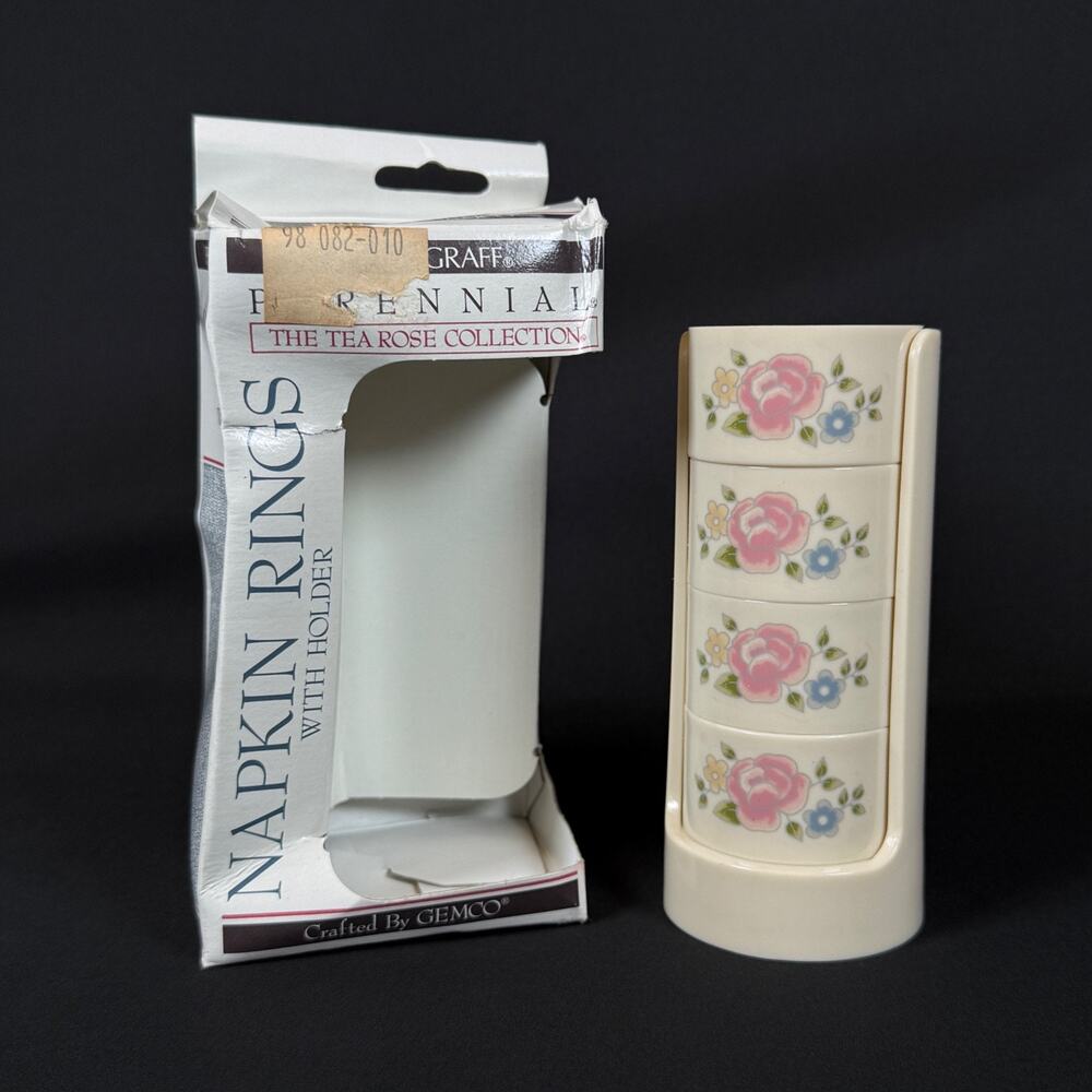 Pfaltzgraff by gemco flowers Plastic Napkin Ring Set of 4 in holder w box